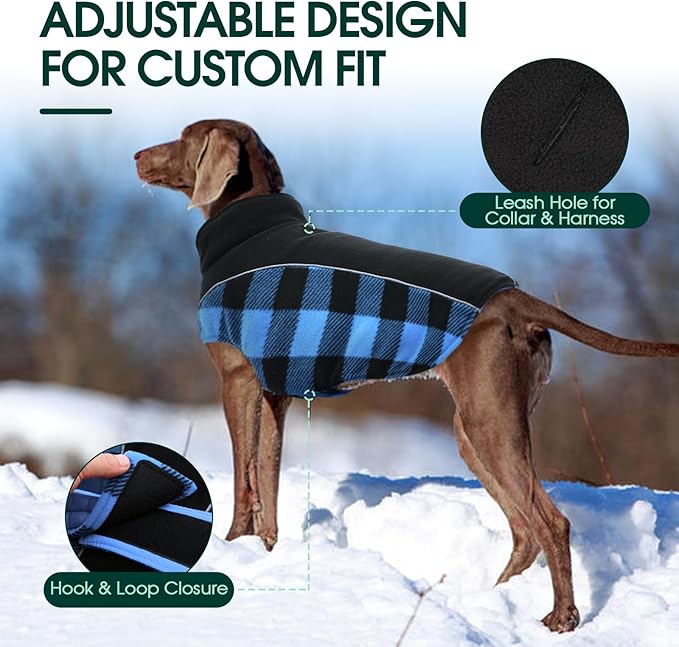 Kuoser Dog Winter Coat, Reversible Waterproof Dog Jacket with Reflective Strip, Warm Dogs Fleece Vest Adjustable Doggy Cold Weather Clothes Plaid Christmas Outfit Pet Apparel for Small Dogs, Blue S