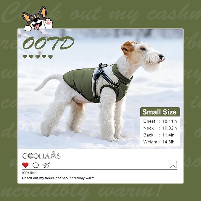 Dog Winter Coat for Small & Medium Dogs (Up to 31lb), Waterproof Dog Coat with Harness, Puppies Windproof Puppy Puffer Jacket, Snowsuit for Dachshund,Frenchie, Corgi (Classic Green, XLarge)