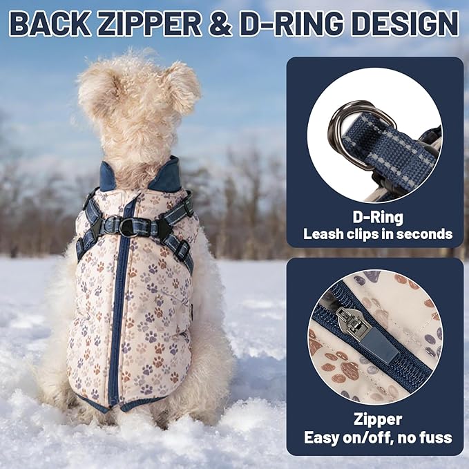 Dog Winter Coat for Small & Medium Dogs (Up to 31lb), Waterproof Dog Coat with Harness, Puppies Windproof Puppy Puffer Jacket, Snowsuit for Dachshund,Frenchie, Corgi (Paw Blue, Small)
