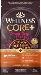 Wellness CORE+ Dry Dog Food with Freeze Dried Pieces, Small Breed, Wholesome Grains, High Protein, Natural, Original Turkey & Chicken Recipe, (4-Pound Bag)