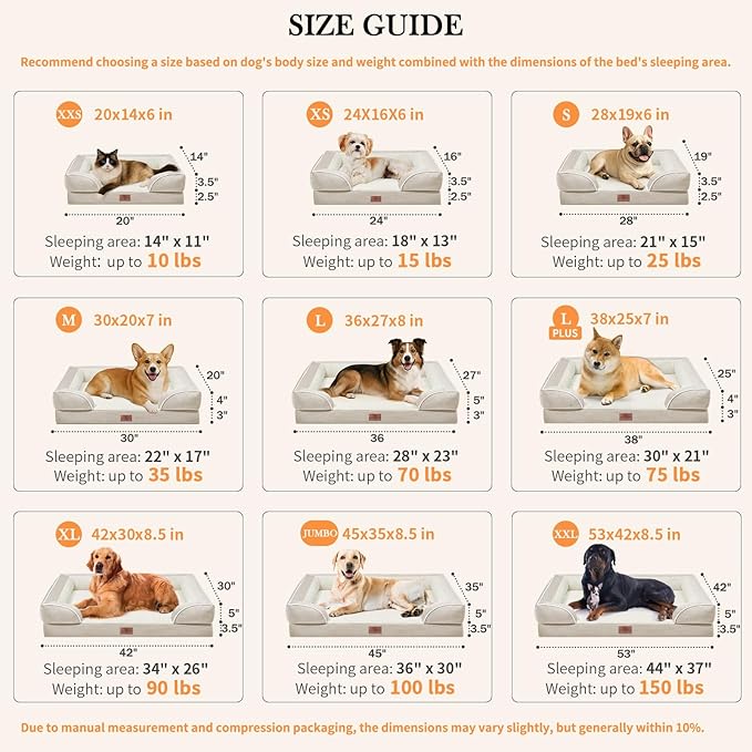 Comfort Expression Orthopedic Dog Bed for Extra Large Dogs 45x35 Inch, Waterproof Supportive Egg Crate Foam XL Pet Bed with Removable Bolsters, Dog Couch with Washable Cover & Non-Slip Bottom, Beige