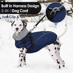 AOFITEE Dog Coat for Large Dogs, Waterproof Dog Jacket with Harness Built in, Warm Fleece Pet Puffer Jacket with Zipper, Cold Weather Coats for Dogs Outdoor, Reflective Pet Snowsuit, Blue XL