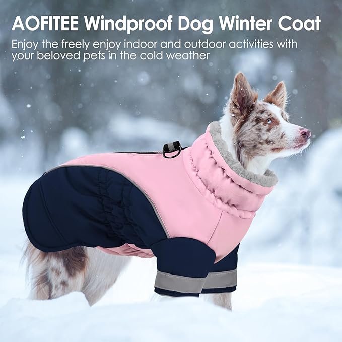 AOFITEE Dog Coat- Two Legged Large Dog Winter Jacket - Zipper Dogs Cold Weather Coat with Harness, Warm Pet Puffer Jackets Reflective Pet Snow Coats for French Bulldog, Boston Terrier, PinkNavy L