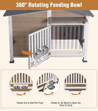 GUTINNEEN Dog House Outdoor with Anti-Chewing Metal Frame, Wooden Dog Kennel with 360° Rotating Feeding Bowl, Weatherproof Roof, for Indoor & Outdoor Use - Brown