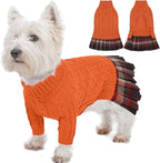 IECOii Girl Dog Sweater Dress - Cable Knit Dog Sweater for Small Dogs Girl - Orange, Medium, Turtleneck Pullover Sweaters with Tartan Plaid Skirt, Adorable Warm Dog Knitted Dress for Christmas