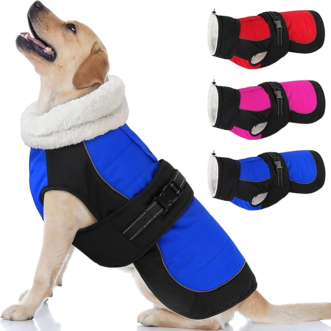Dogcheer Waterproof Dog Coat, Christmas Dog Winter Jacket, Adjustable Puppy Fleece Coat for Cold Weather, Reflective Turtleneck Snow Jacket for Small Medium Large Dogs - Blue, 2XL
