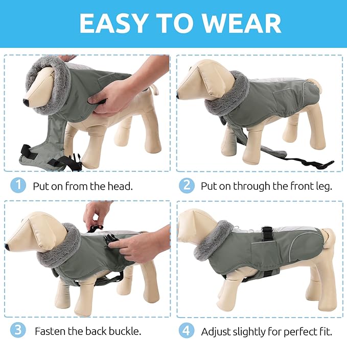 Queenmore Dog Coats for Large Breeds, Dog Snow Jacket, Adjustable Easy On Large Dogs Winter Jackets, Waterproof Cold Weather Pet Coat, Grey, L