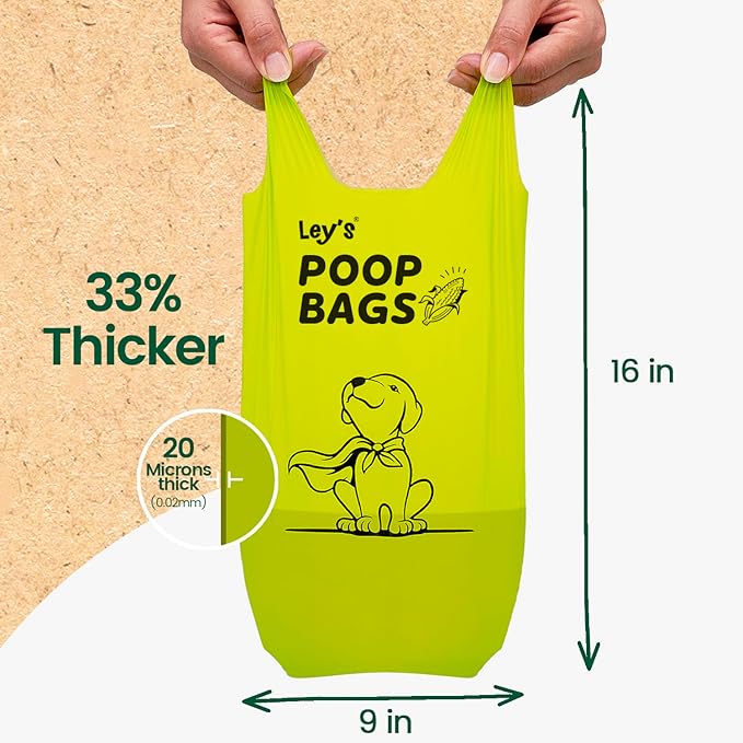 Ley's Compostable Dog Poop Bags, Plant-Based Biodegradable Doggie Waste Bags with Easy Tie Handles, Unscented, Vegetable-Based, Dog Bags Refill Rolls