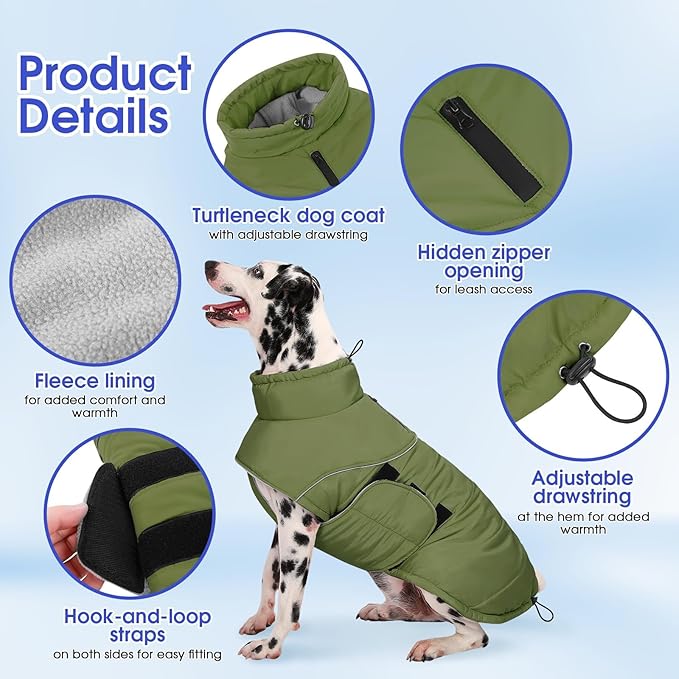 ASENKU Extra Warm Dog Coat - Winter Jacket with Fleece, Reflective, Adjustable, Zippered Leash Hole for Large Dogs (Green, 4XL)