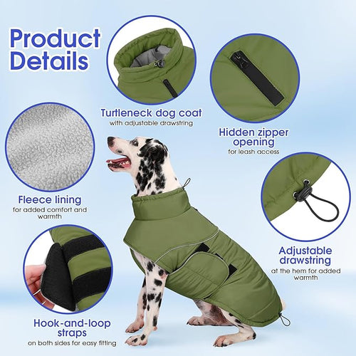 ASENKU Extra Warm Dog Coat - Winter Puffer Jacket with Fleece, Reflective, Adjustable, Zippered Leash Hole for Large Dogs (Green, 2XL)