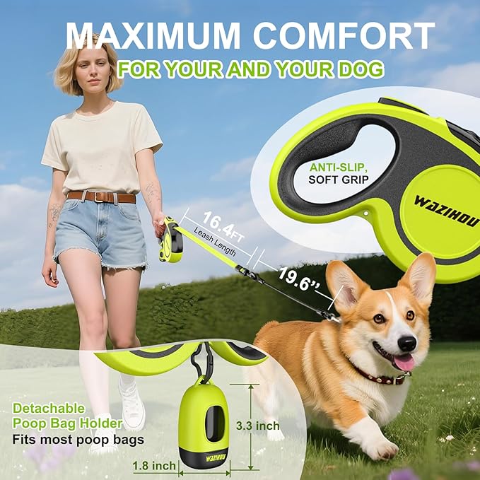 2025 New Model Retractable Dog Leash 18ft' - Detachable Poop Bag and Chew Proof Cable and Included Heavy Duty Reflective Retractable Leash for Small Medium Large Dogs up to 110 lbs