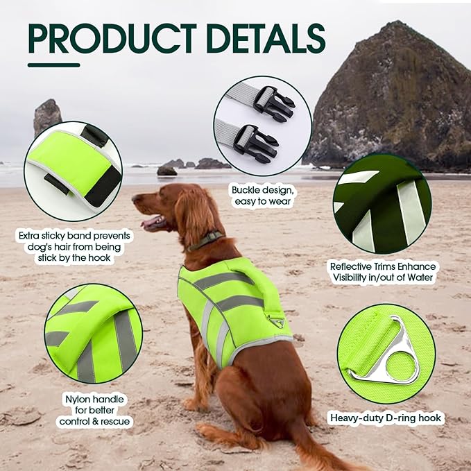 Kuoser Dog Life Jacket XL, Large Vest for Swimming Boating, Reflective Water Vest with High Flotation for Large Dogs, Green