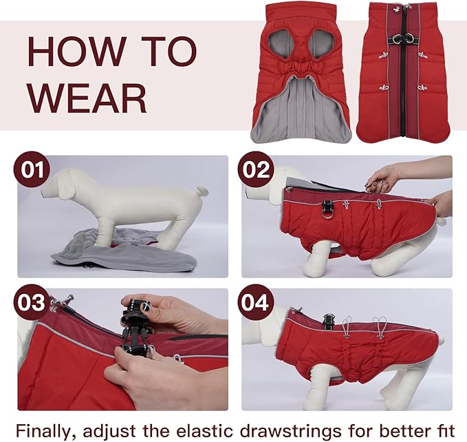 Dog Winter Jacket - Large, Warm Zip Up Snowsuit Dog Harness Vest, Reflective, Water-Resistant, Red