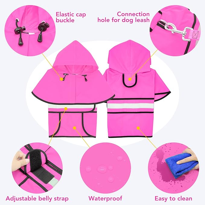Waterproof Dog Raincoats - Hooded Raincoats for Dogs, Adjustable Reflective Dog Rain Coat, Windproof Dog Rain Jacket Pet Rain Slicker Poncho for Small, Medium, Large Dogs (Small, Pink)
