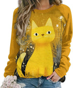 Abstract Cute Cat Shirts for Women Long Sleeve Lady Crewneck Pullover Sweatshirt Fall Winter Oversized Tops