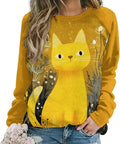 Abstract Cute Cat Shirts for Women Long Sleeve Lady Crewneck Pullover Sweatshirt Fall Winter Oversized Tops
