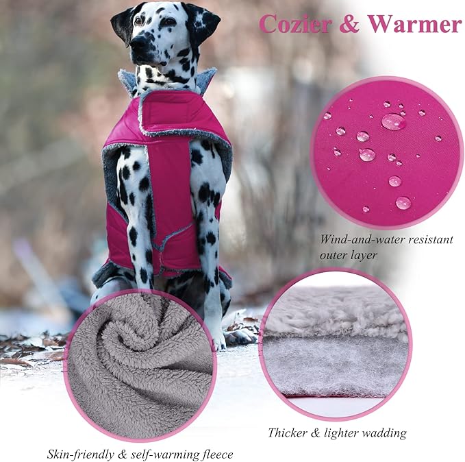 VIVAGLORY Frostfit Dog Coat, Dog Jacket for Winter & Cold Weather, Warm Fluffy Fleece Lined Water Resistant Reflective for Puppy, Coat with Velcro Fastening & Leash Hole, XL, Fuchsia