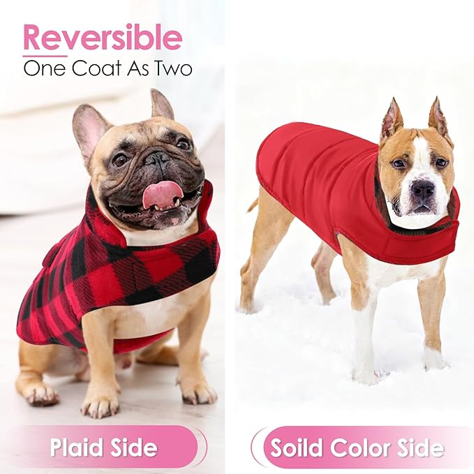 AOFITEE Reversible Dog Coat, Warm Winter Jacket, Thick Padded Vest with Leash Hole, Cotton Material, Plaid Print, Small (23'' Chest)