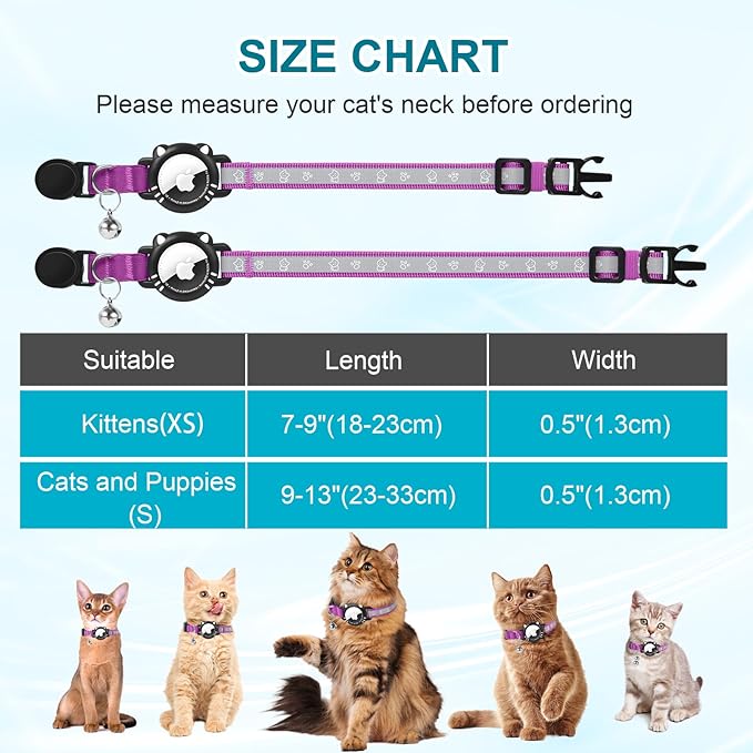 Airtag Cat Collar, Reflective Cat Collar with Apple Air Tag Holder, Breakaway GPS Tracker Pet Collar with Bell for Cat Kitten, Airtag Not Included, Purple, S(9-11 Inch)