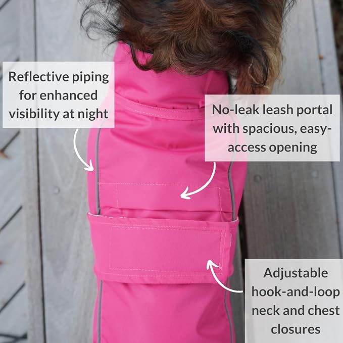 DJANGO Dog Jacket & Raincoat – Lightweight Water-Resistant Coat for Small, Medium & Long Dogs Like Dachshunds – Reflective, Adjustable Fit, Harness-Compatible & Easy-Access Harness Hole - Pink, Small