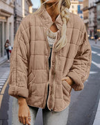 LIZALIG Warm Padded Coat for Women Full Zip Quilted Jackets Winter Oversized Causal Solid Color Stand Collar Pockets Coat