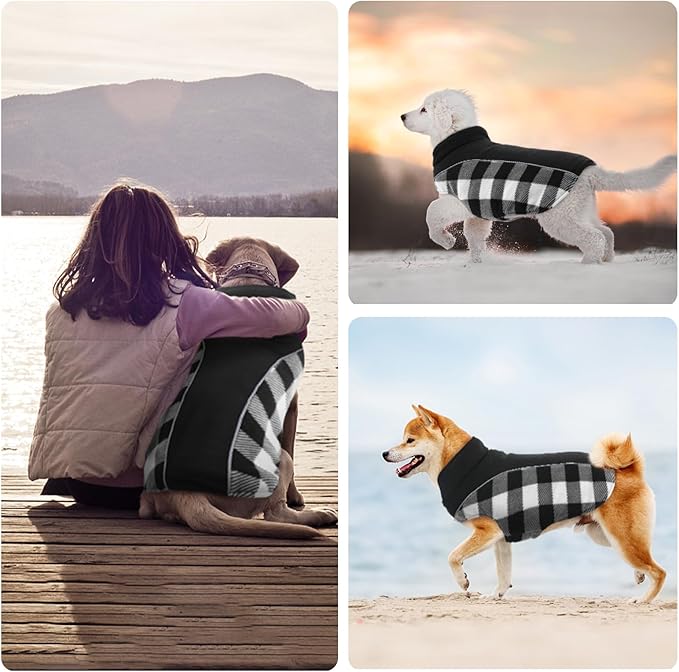 Kuoser Dog Winter Coat, Reversible Waterproof Dog Jacket with Leash Hole, Warm Dogs Fleece Vest Adjustable Doggy Cold Weather Clothes Plaid Christmas Outfit Pet Apparel for Extra Large Dogs, Black 3XL