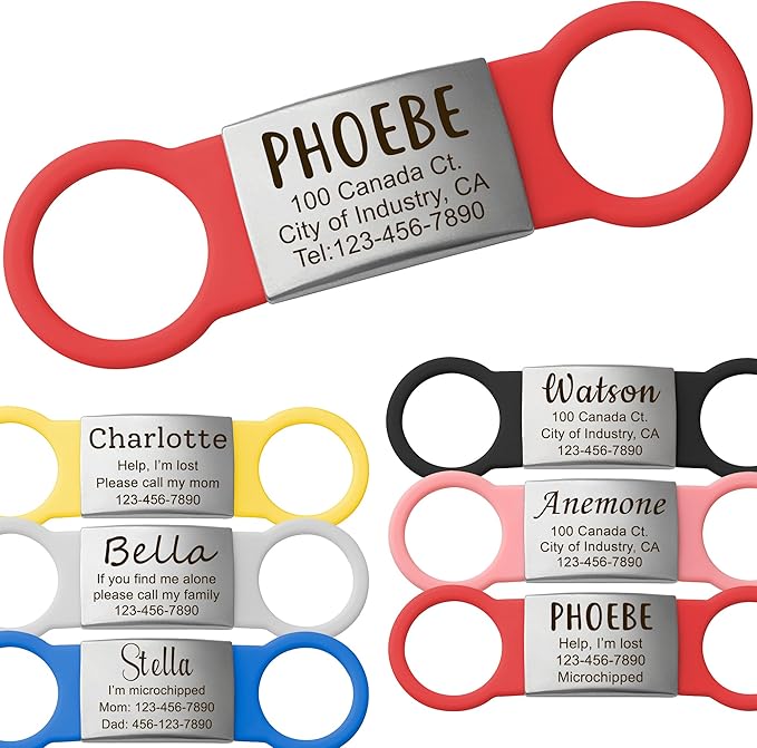 Anavia Slide On Silent Pet ID Tags, S/M/L/XL Personalized Multi-Color Silicone Band Cat Dog Name Tags, Customized Engraved Stainless Steel, Chew-Proof Quiet Dog Collar Tags (Small, Red)
