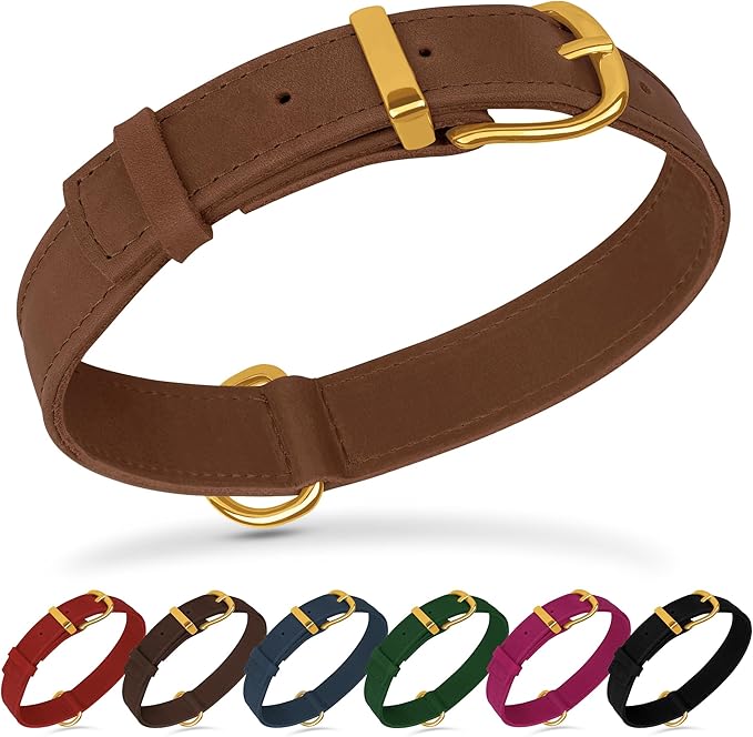 Leather Dog Collar - Heavy Duty Adjustable Soft Padded Pet Collars for Small Medium Large Dogs Breed - Black Green Brown Pink Red Blue (Cognac, S, 9"-12" Neck Fit)
