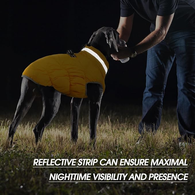 FUAMEY Dog Coat for Large Dogs,Waterproof Dog Winter Jacket with Harness Built in Puppy Cold Weather Coats Reflective Pet Vest with Zipper Warm Fleece Dogs Snowsuit Windproof Yellow L
