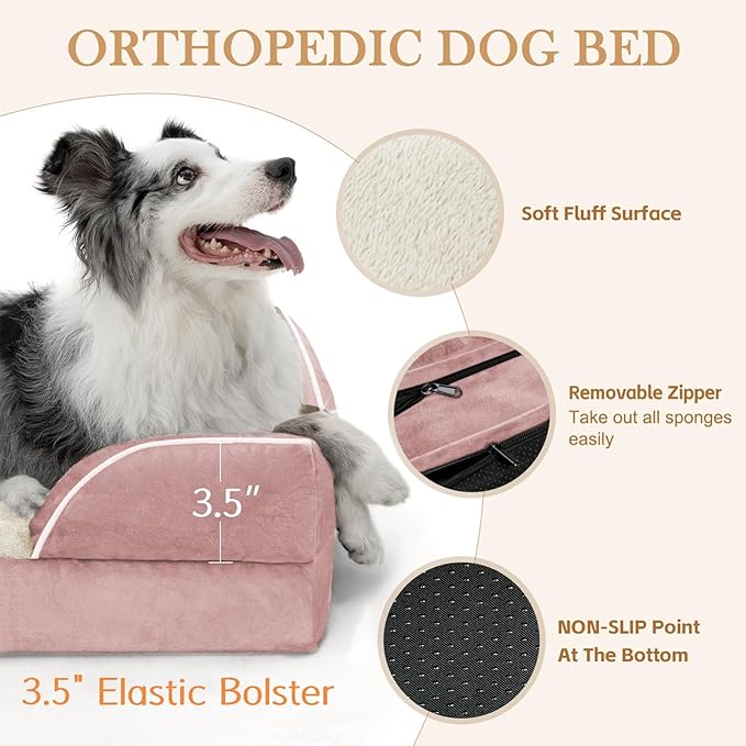 Comfort Expression Orthopedic Dog Bed for Small Dogs 20x14 Inch, Waterproof Supportive Egg Crate Foam Small Pet Bed with Removable Bolsters, Dog Couch with Washable Cover & Non-Slip Bottom, Pink