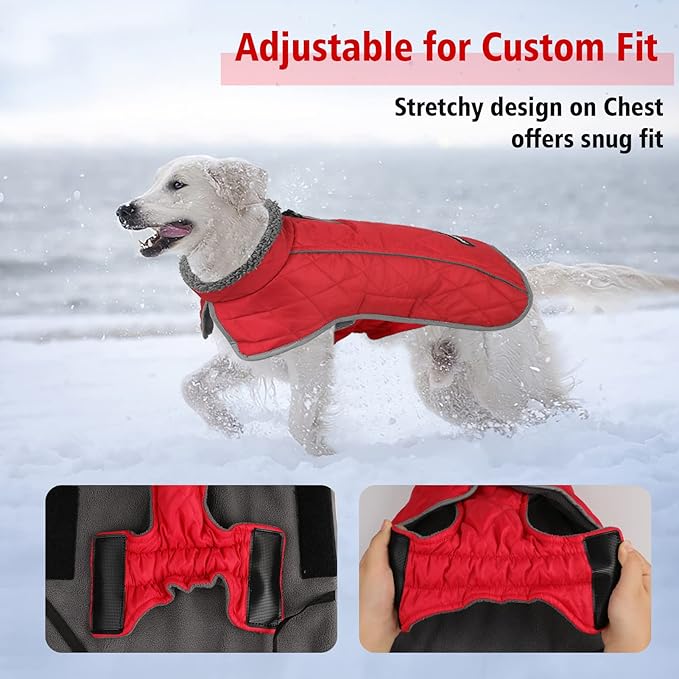 Fragralley Dog Coat Large, Waterproof Dog Jacket with Warm Fleece Lining, Adjustable Reflective Dogs Winter Coat, Turtleneck Pet Coats for Cold Weather (Red XXXL)