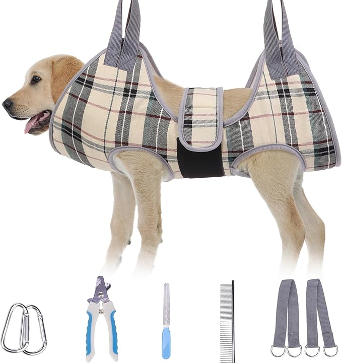BEAUTYZOO Dog Grooming Hammock for Medium/Large Dogs- Dog Sling for Nail Trimming/Clipping- Dog Grooming Harness with Thick Fabric Neck Support & Strap Restraint Claw Care, Beige M