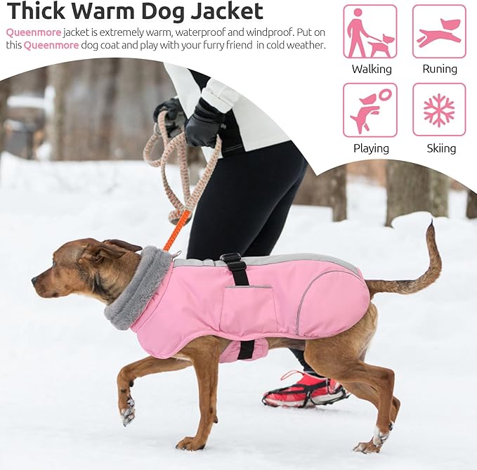 Queenmore XL Dog Jackets, Dog Coats for Large Breeds Winter Waterproof, Thick Fleece Lining Doggie Coats for X-Large Dogs Winter, Pet Jackets, Pink, XL