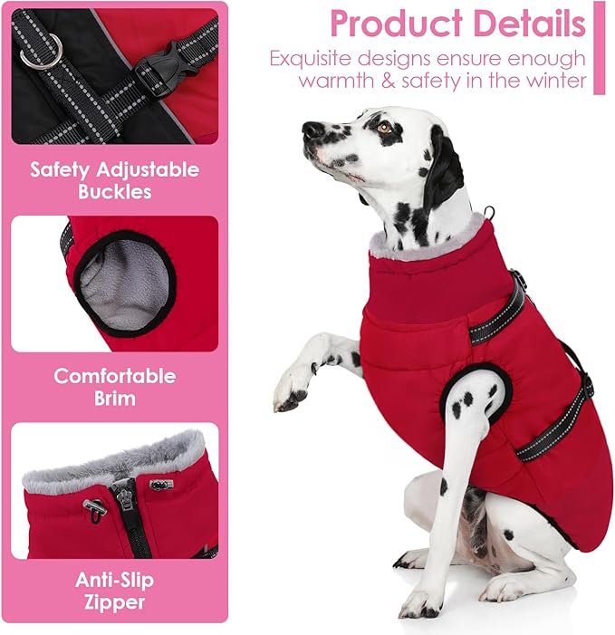 AOFITEE Small Dog Coat, Waterproof Dog Winter Jacket with Harness Built in, Warm Fleece Lined Dogs Jacket for Cold Weather, Reflective Pet Snow Jackets with Zipper for Yorkshire, Schnauzer,Red S
