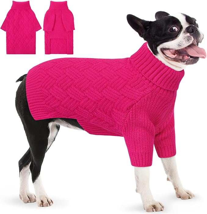 AOFITEE Dog Sweater, Warm Dog Sweaters for Large Dogs, Soft Dogs Christmas Sweater, Turtleneck Girl Pet Pullover, French Bulldog Sweaters, Female Pet Sweatshirt Knitwear for Winter Fall (Rose Red)