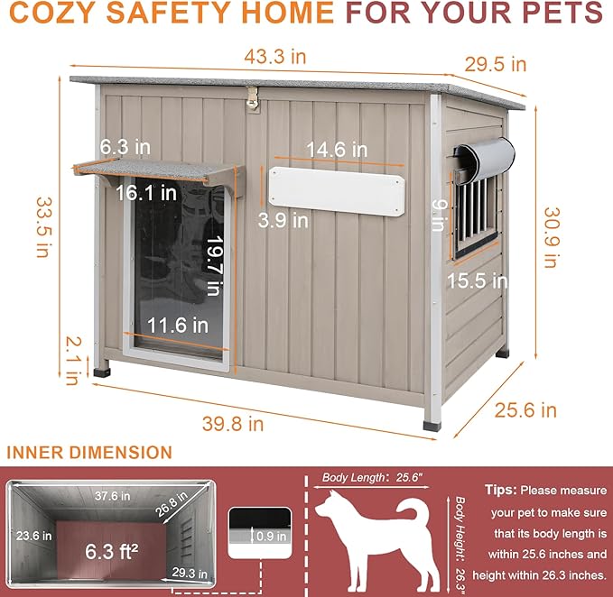 Outdoor Dog House Weatherproof, Wooden Puppy Shelter with Anti-Chewing Iron Frame and Elevated Floor, Sturdy Dog Kennel for Small, Medium & Large Dogs (Gray, 40" L x 26" W x 31" H)