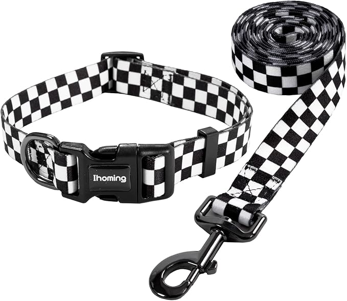 Ihoming Dog Collar and Leash Set for Daily Outdoor Walking Running Training, Chess Board Design for Large Boys Girls Dogs Cats Pets, L-Up to 80LBS