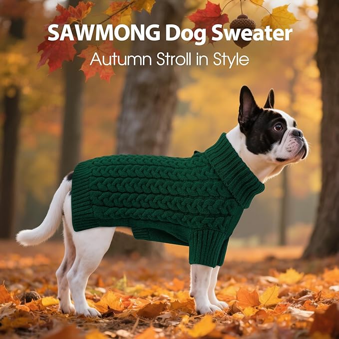 SAWMONG Dog Sweater, Dog Sweaters for Large Dogs Girls Boys, Pullover Turtleneck Knitted Doggy Sweatshirt, Cold Weather Pet Clothes（Green, Large