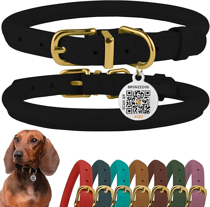 BronzeDog Rolled Leather Dog Collar with QR ID Tag, Adjustable Soft Round Collars for Small Medium Large Dogs Puppy (16" - 19" Neck Size, Black Night)