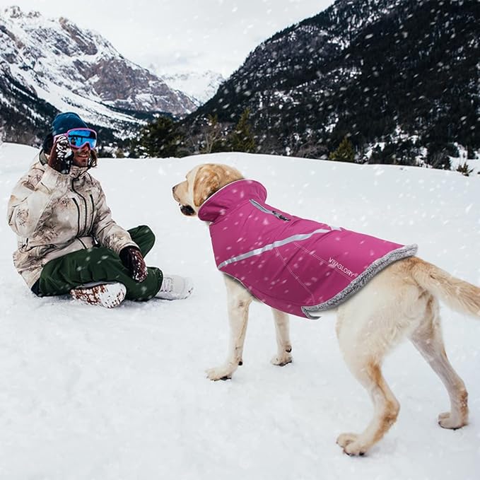 VIVAGLORY Snowrap Dog Coat, Jacket with Harness Hole & Velcro Closure, Dog Coat for Winter & Cold Weather, Fluffy Warm Fleece Lined Reflective Water Resistant for Puppy, S, Fuchsia