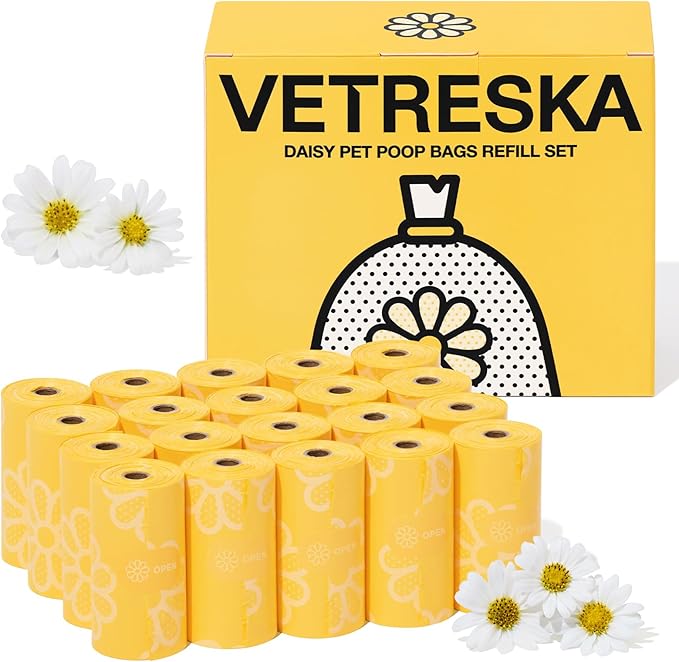 VETRESKA Dog Poop Bag Rolls Daisy Scented Leak-proof Pet Waste Bags Thick and Large Trash Bags for Dog Walking 20 Refill Rolls 300 Bags