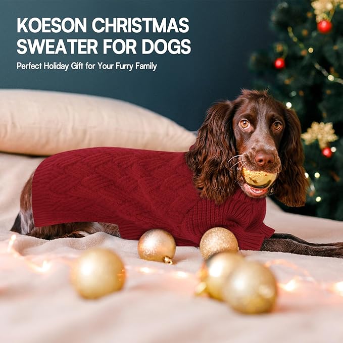KOESON Large Dog Sweater, Warm Christmas Dog Sweaters for Large Dogs, Cable Knit Sweater for French Bulldog, Pug, Corgi, Boston Terrier, Easy On Xmas Sweaters for Dogs, Red, L