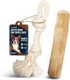 Coffee Wood Chew and Cotton Rope Toy for Dogs - 100% Natural, Organic Wood Stick for Chewers Teeth Cleaning, Training - Size M