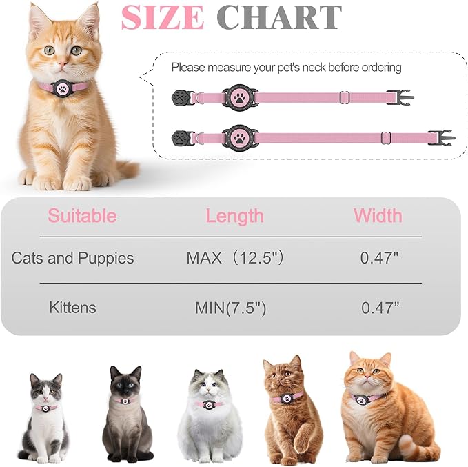 Airtag Cat Collar, Stretchy Kitten Collar with Apple Air Tag Holder, Lightweight and Comfortable, Ultra Elastic GPS Cat Collars for Cats Kittens and Puppies, 8-12.5 Inch, Pink
