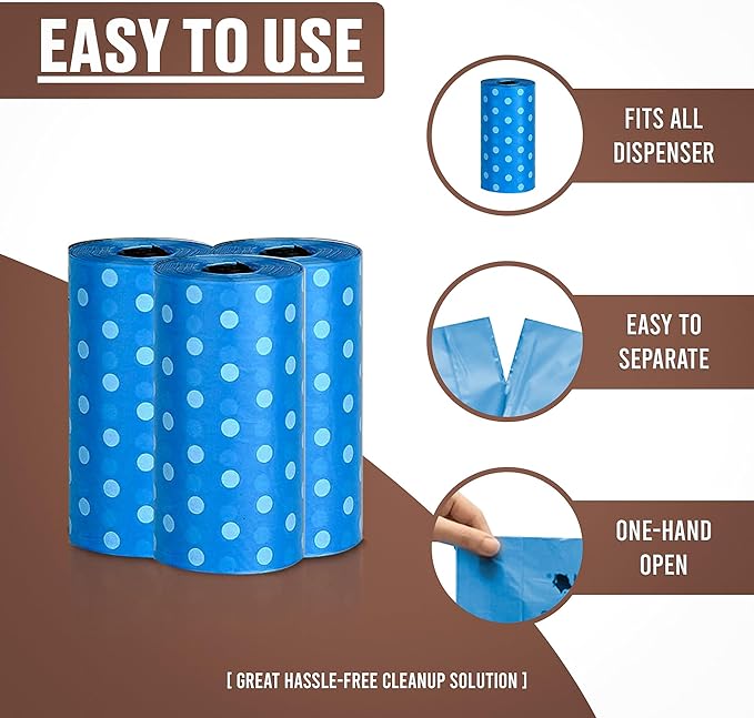 Parisian Pet Ecofriendly Dog Poop Bags Rolls - 160 Count Unscented Poop Bags For Dogs - Leakproof, Extra Thick, 8 Dog Waste Bags Refill Rolls - Polka Dot Blue Doggie Poop Bags - Fits All Dispenser