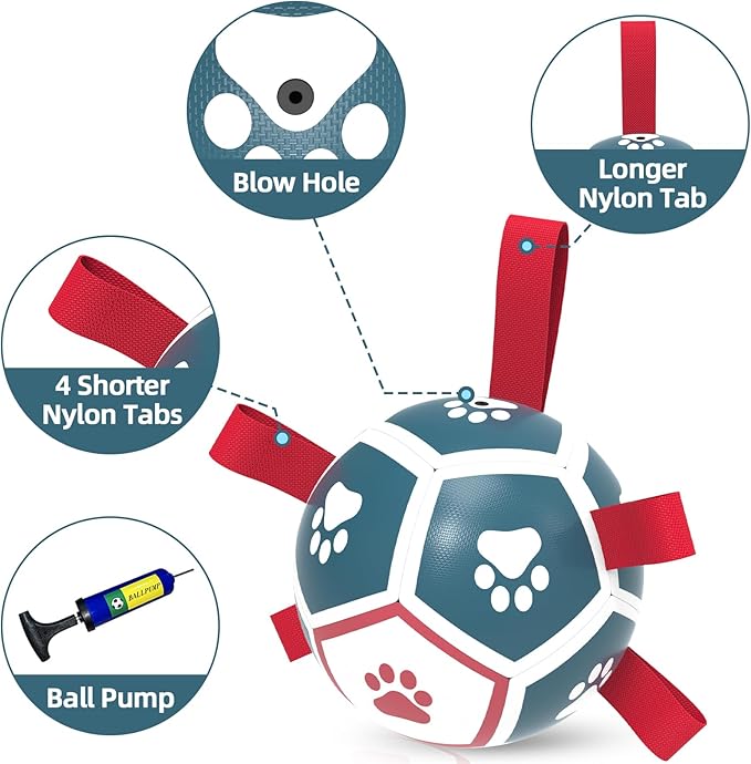 QDAN Dog Toys Soccer Ball with Straps, Outdoor Toys for Tug of War, Puppy Birthday Gifts, Dog Water Toy, Durable Balls for Small Dogs - Blue Red（5 Inch）