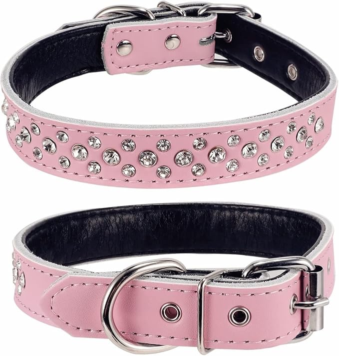 Rhinestones Dog Collar, Adjustable Sparkly Crystal Studded Genuine Leather Pet Dog Collar for Small and Medium Dogs (M, Pink)