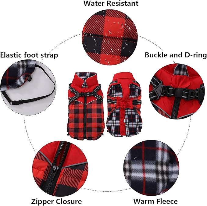 Dog Coat with Harness,Small Dog Winter Coat,Doggie Jackets with Built in Harness,Adjustable Warm Jacket for Medium Large Dogs,Pet Puppy Cold Weather Coats for Dogs Waterproof (PlaidRed, Medium)