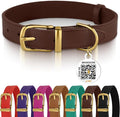 BRONZEDOG Leather Dog Collar with QR ID Tag Basic Pet Collars for Small Mini Dogs Cats Puppies (9-11 Inch (Pack of 1), Dark Brown & Gold Buckle)