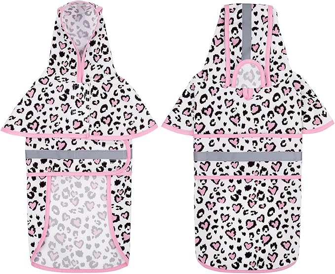 HDE Dog Raincoat Jacket Reflective Adjustable Hooded Pet Poncho Rain Coat with Leash Hole for Small to X-Large Dogs Leopard Hearts - L